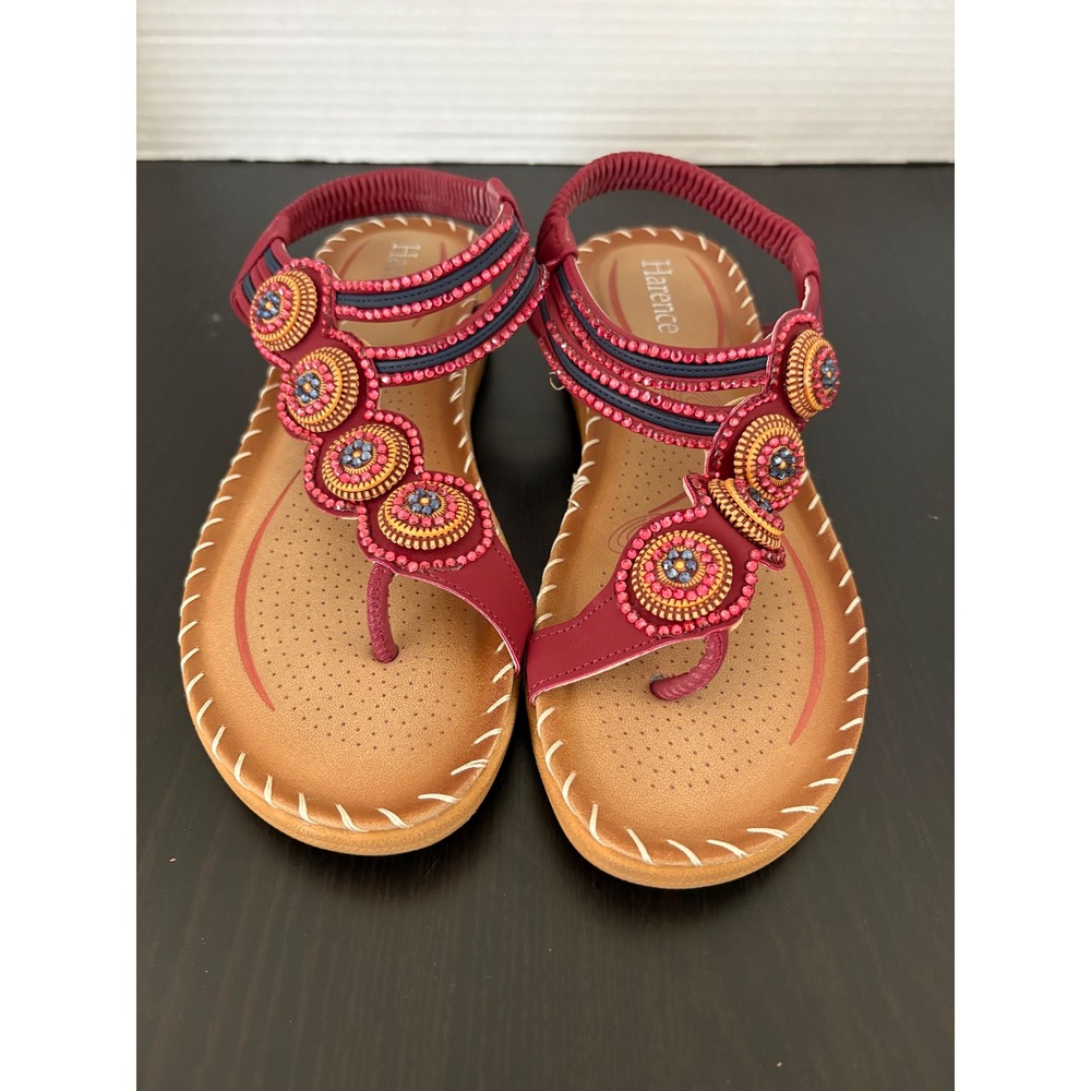 Harence WomensT-Strap Sandals Size 6.5-7 Burgundy Red Beaded Boho Slingback Flat